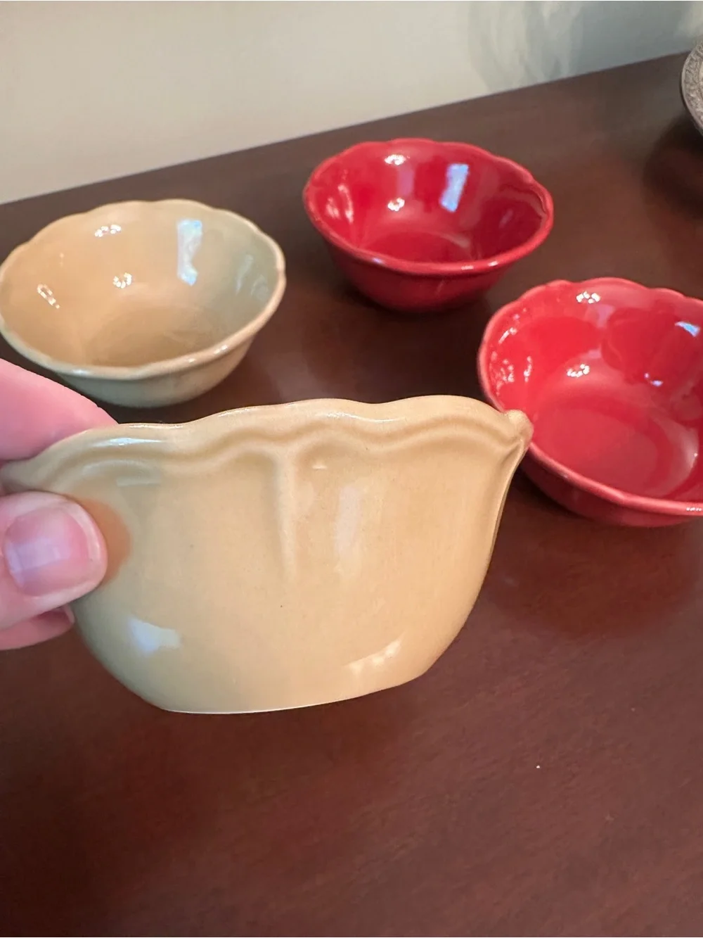Set of Stacked Ceramic Bowls in Red and Tan